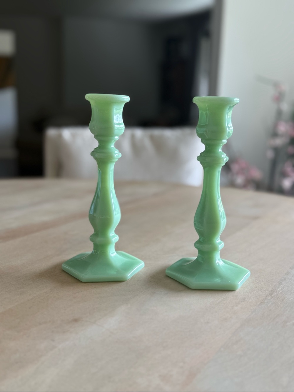 Stunning Mosser Jade Green Glass Candlestick Holders - Pair